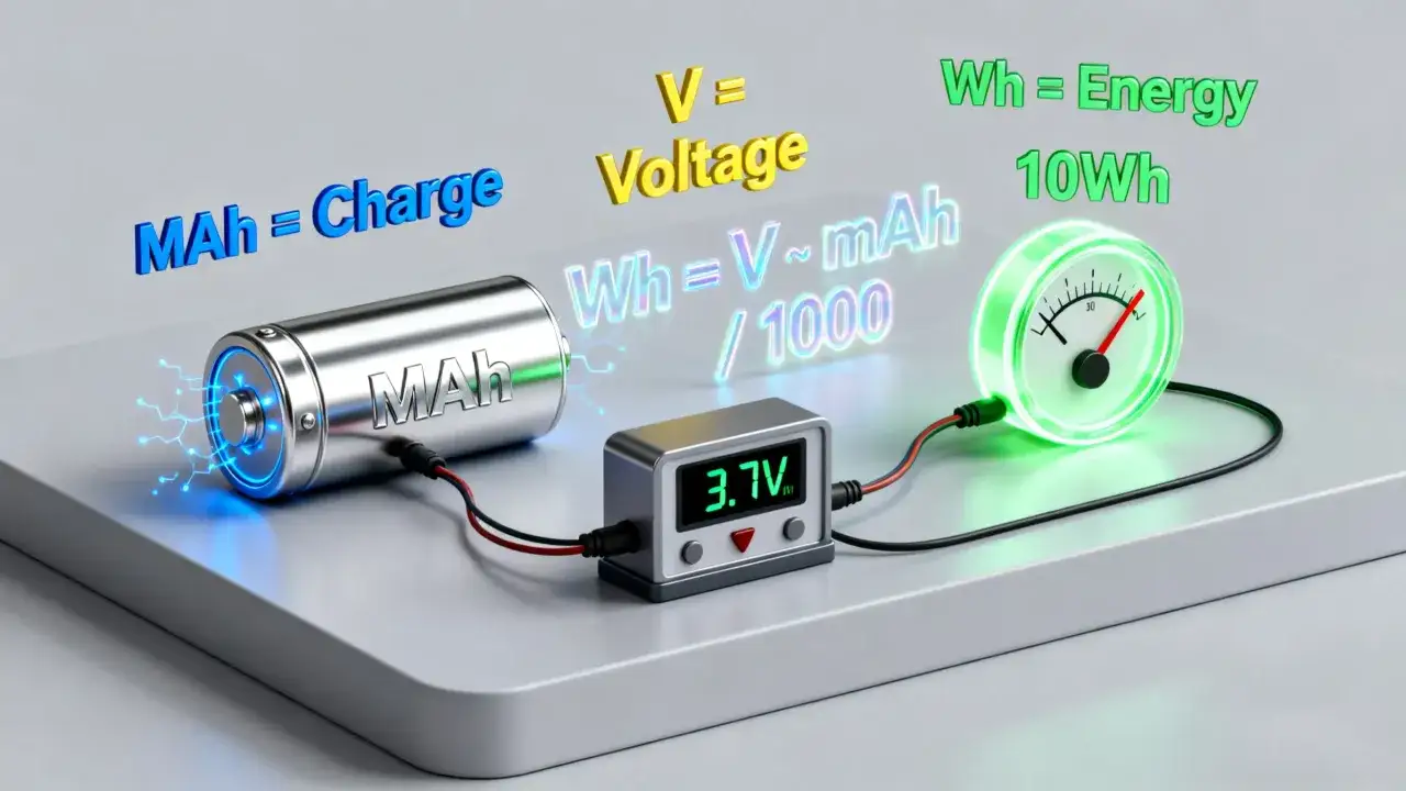 Bateria z oznaczeniem MAh połączona z miernikiem napięcia 3.7V i wskaźnikiem energii. Obliczenia pokazują, jak wyznaczyć jednostkę mocy.