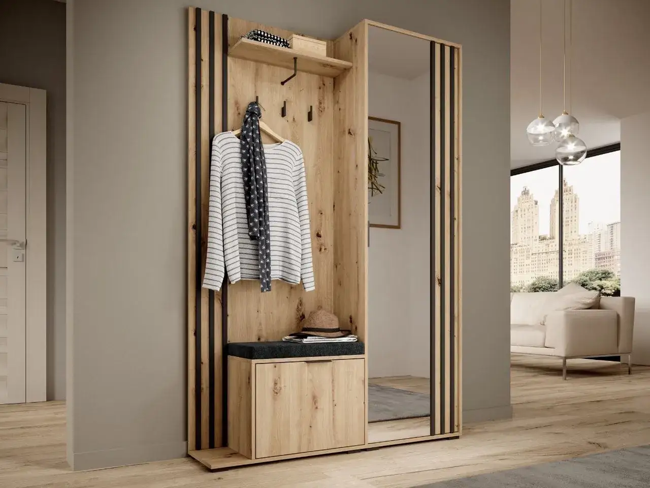 Moderne Garderobe mit Holzfront, Spiegel und Sitzbank – perfekte Garderoben-Inspo für einen stilvollen Eingangsbereich.