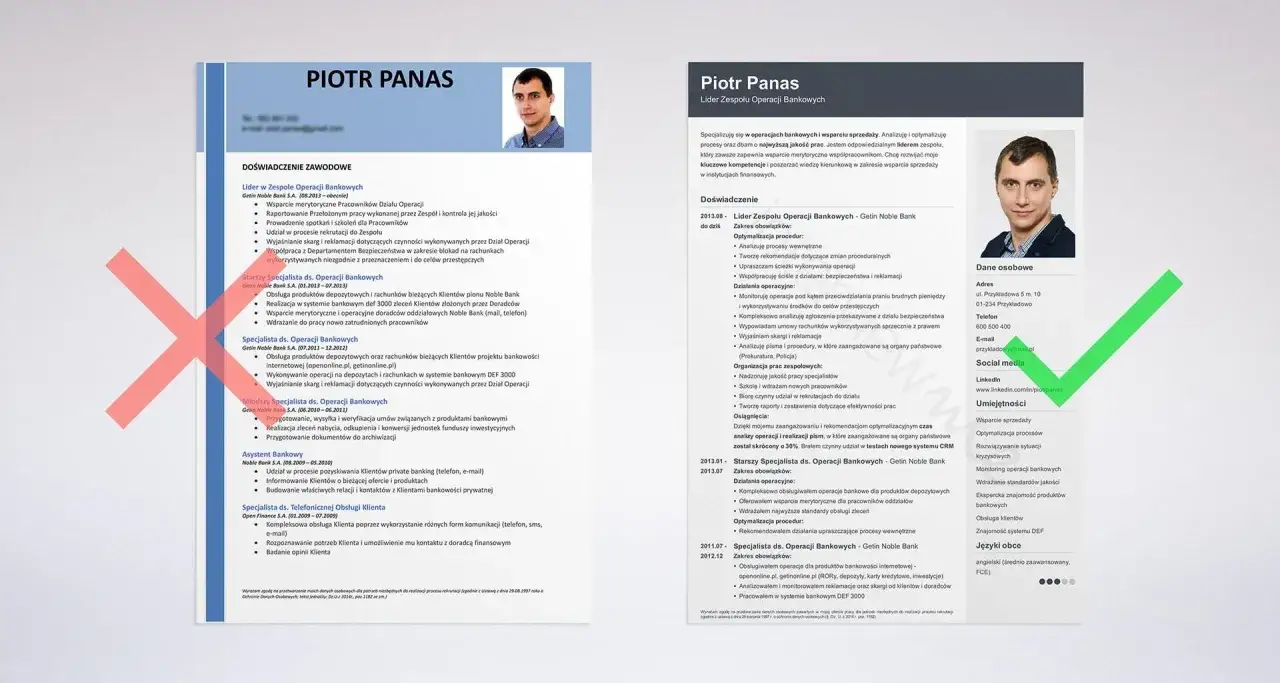 CV Piotra Panasa, lidera zespołu operacji bankowych, zawiera doświadczenie w bankowości, analizie procesów i zarządzaniu zespołem.