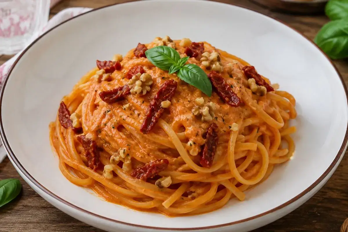 Spaghetti cremosi con salsa rossa, pomodori secchi, noci croccanti e basilico fresco. Un piatto invitante di pasta con pomodori secchi.