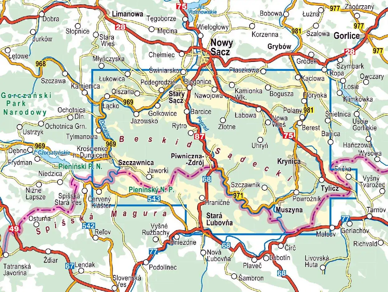 Krynica-Zdrój leży w Beskidzie Sądeckim, części Beskidów Zachodnich. Na mapie widać też Pieniny i Gorce.