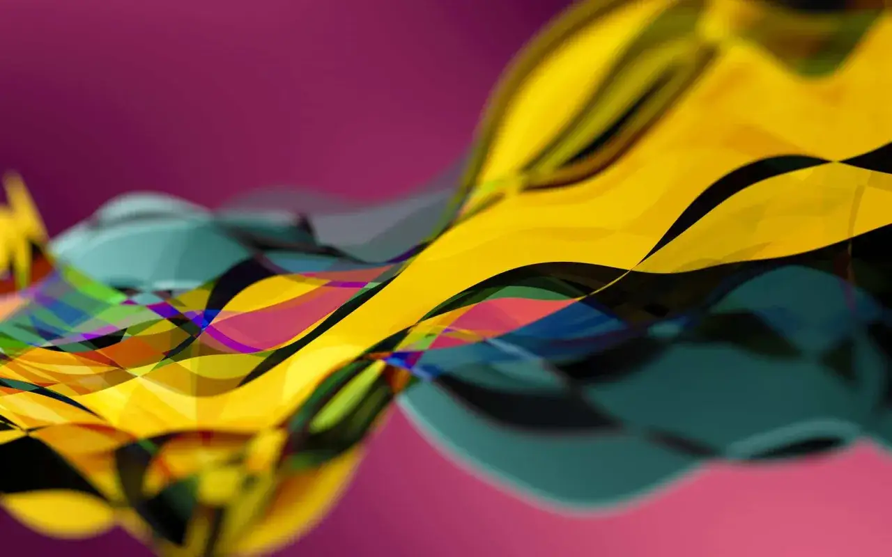 Abstract, flowing shapes in yellow, teal, and rainbow colors suggest dynamic branding trends.