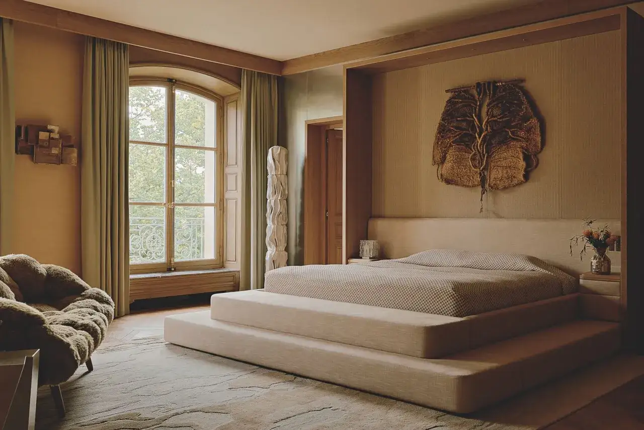 Camera da letto elegante con letto a piattaforma, poltrona soffice e un'opera d'arte murale unica. Idee per come abbellire una camera da letto con stile.