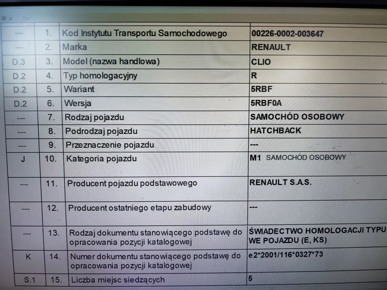 Dokumentacja pojazdu Renault Clio, zawiera dane o typie homologacyjnym i świadectwo homologacji.