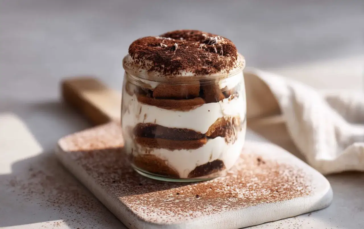 Warstwowe tiramisu z ricotty w słoiku, posypane kakao. Idealne na deser.