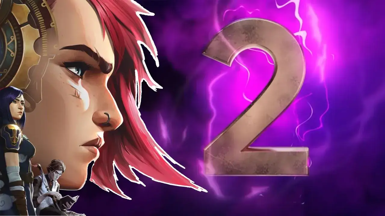 Postacie z Arcane, w tym Vi i Caitlyn, na tle fioletowej energii i cyfry 2.