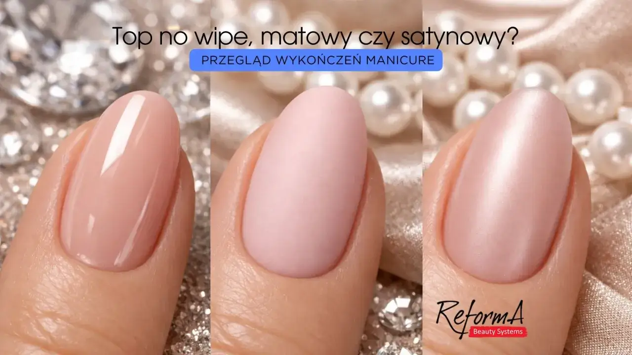 Porównanie trzech wykończeń manicure: błyszczącego, matowego i satynowego. Dowiedz się, dlaczego top matowieje i jak uzyskać idealny efekt.