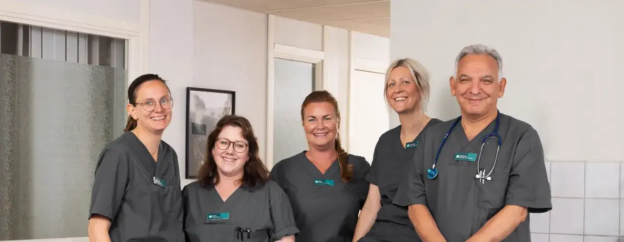 Fem leende vårdpersonal i grå arbetskläder. De arbetar med kognitiv utredning och ser ut att vara ett sammansvetsat team.