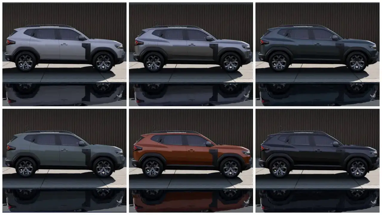 Dacia Duster w różnych kolorach lakieru: jasnoszary, ciemnoszary, zielonografitowy, oliwkowy, pomarańczowy i czarny.
