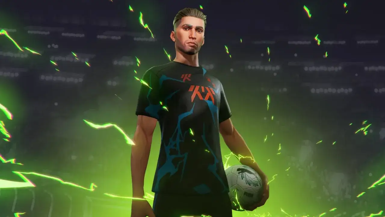 Giocatore di calcio con pallone, pronto per segnare gol. L'uscita del gioco è imminente, con effetti luminosi verdi.