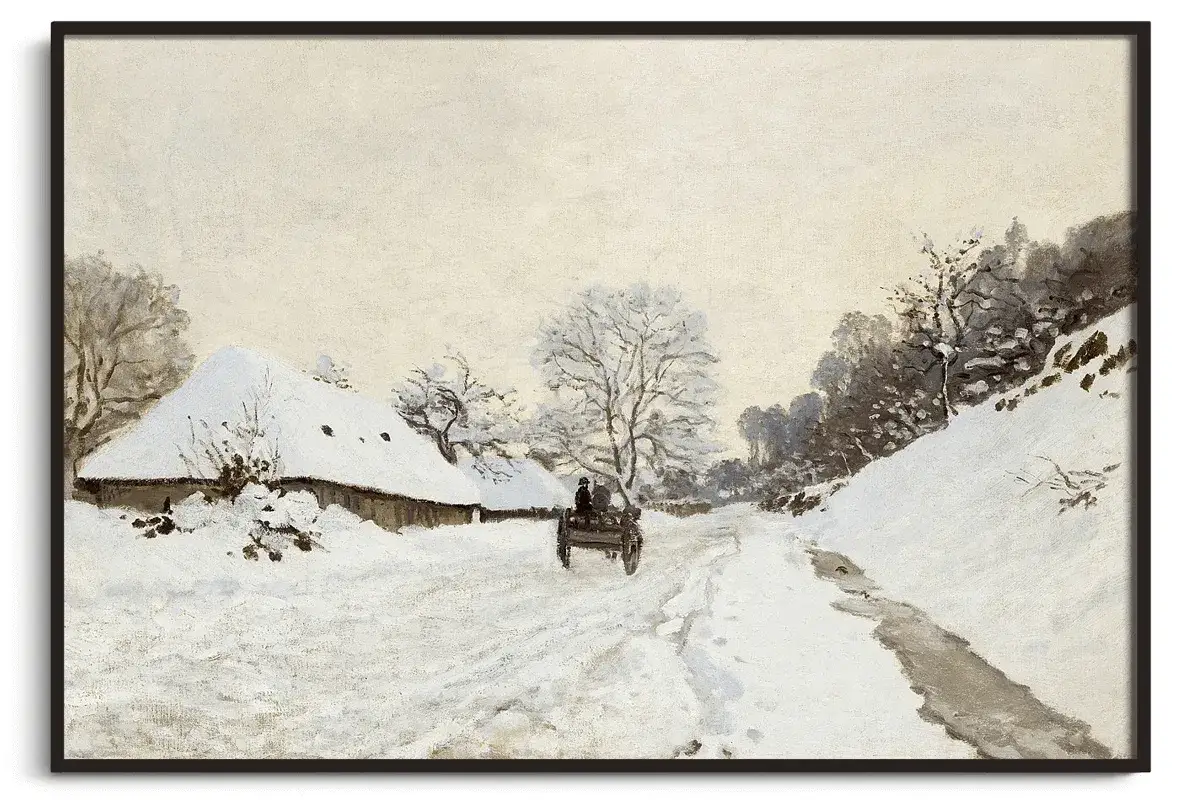 Un Monet paysage de neige. Une charrette traverse une route enneigée, longeant une maison couverte de blanc et une colline boisée.