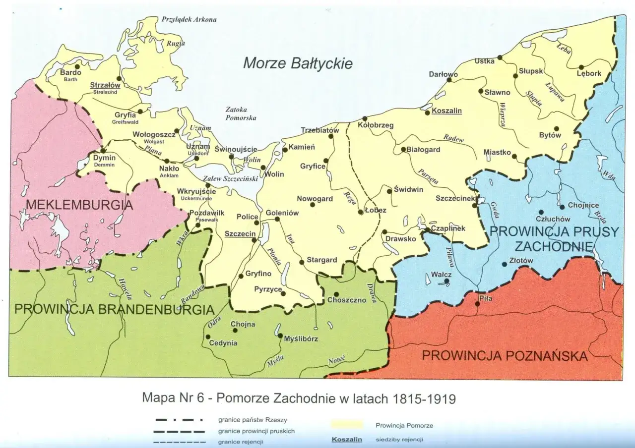 Mapa Pomorza Zachodniego z miejscowościami: Szczecin, Koszalin, Piła, Kołobrzeg, Słupsk, Lębork.