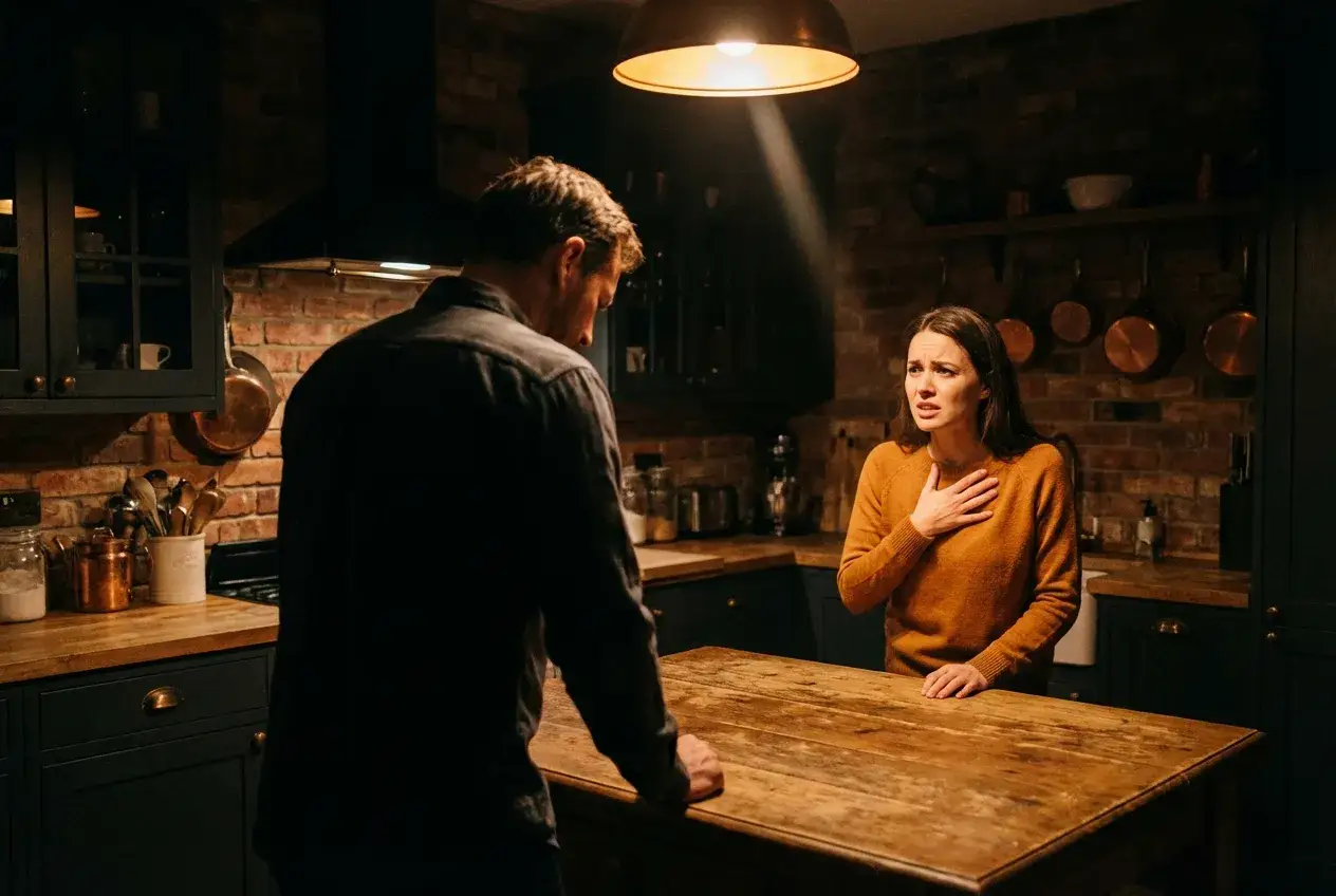 Una donna con espressione preoccupata, mano sul cuore, ascolta un uomo in cucina. Una scena che illustra come chiedere scusa ad un uomo dopo un litigio.