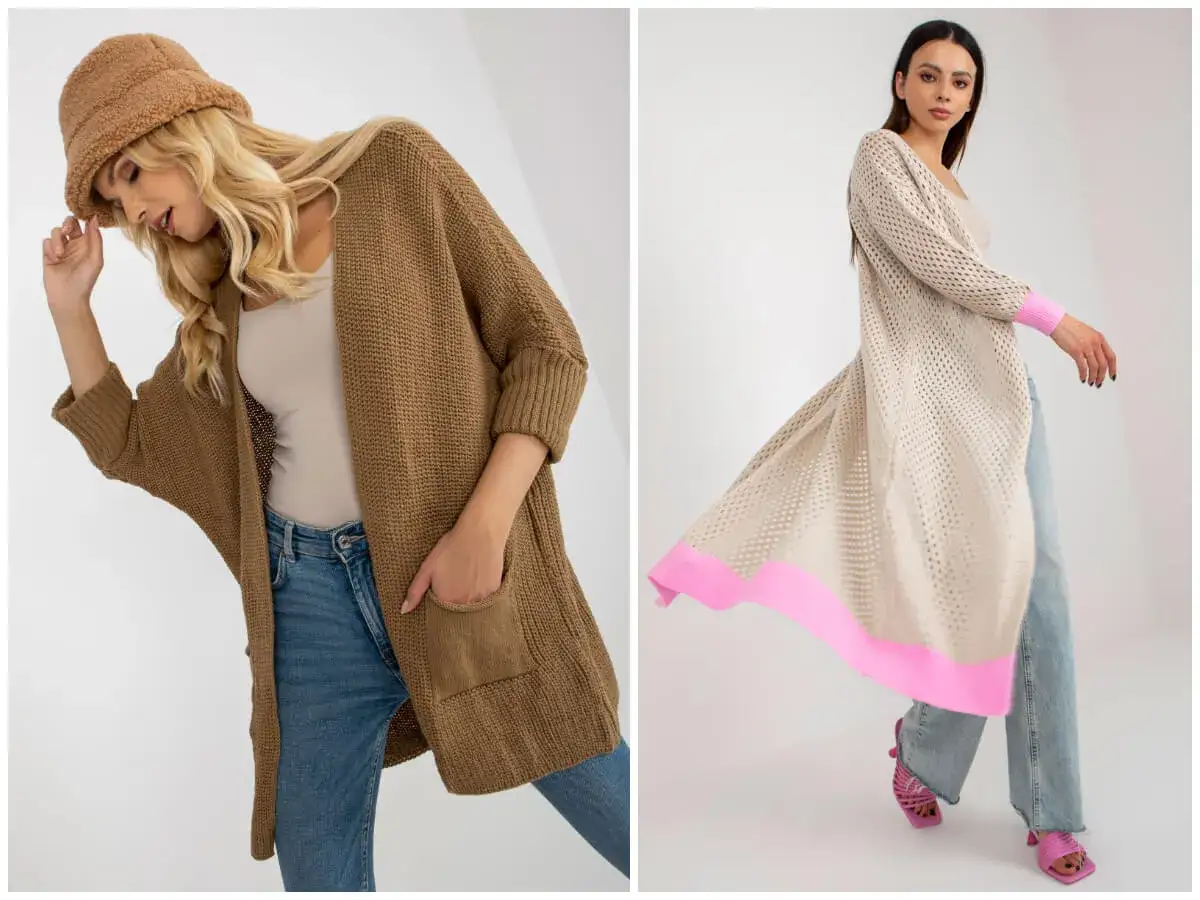 Dwie kobiety prezentują stylowe kardigany. Po lewej brązowy, luźny kardigan damski plus size z kieszeniami. Po prawej długi, beżowy kardigan z różowymi akcentami.
