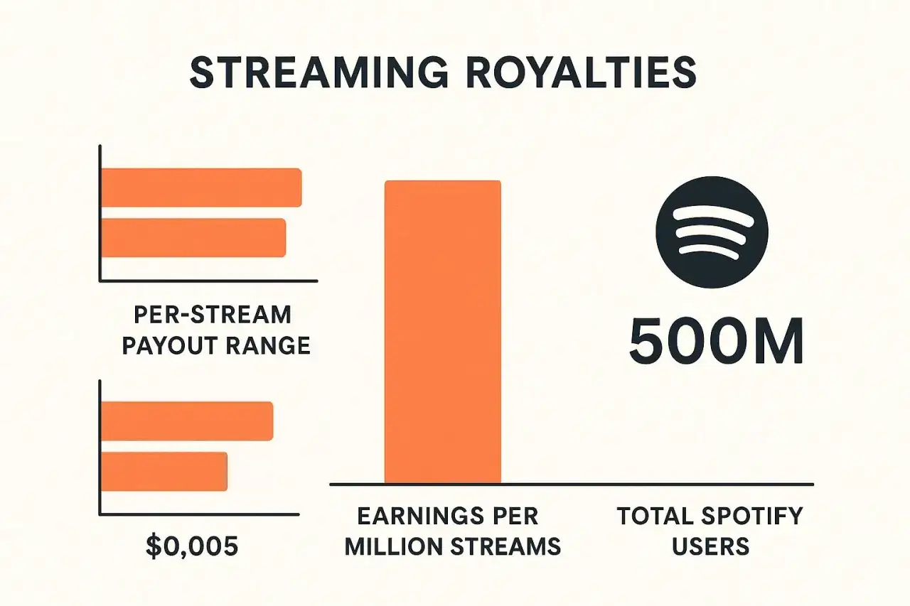 Streaming royalties chart shows per-stream payout range and earnings per million streams. It also shows 500M total Spotify users. How much is 1000 streams on Spotify?