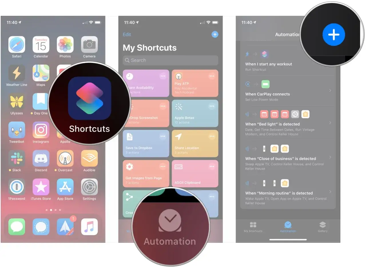 iPhone Shortcuts App zeigt Automatisierungen, z.B.