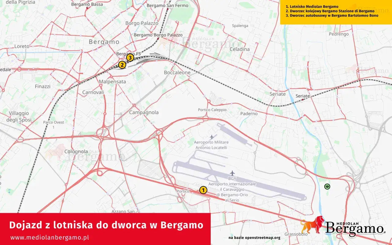 Mapa pokazuje dojazd z lotniska Mediolan Bergamo do dworca kolejowego i autobusowego w Bergamo.