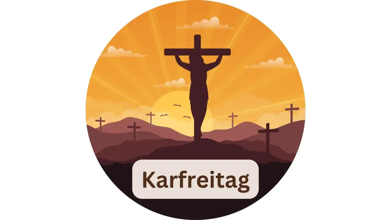 Silhouette einer Kreuzigungsszene mit mehreren Kreuzen und einem strahlenden Sonnenuntergang. Der Text 