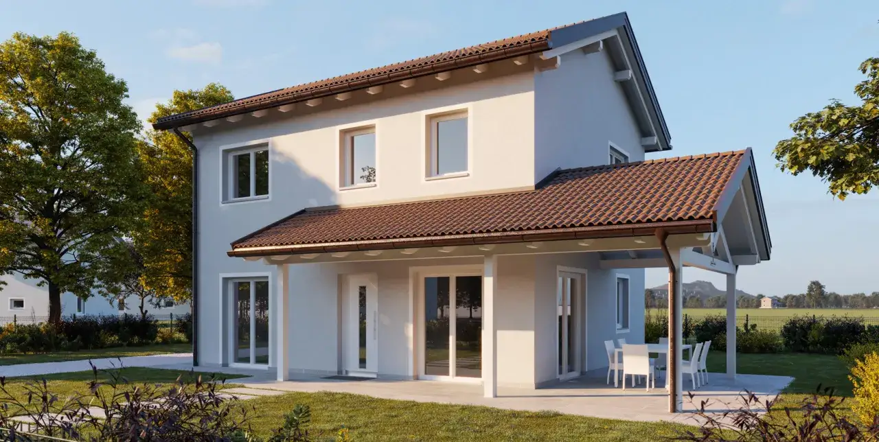 Case a due piani con portico, un luogo ideale per godersi il sole e la tranquillità del giardino.