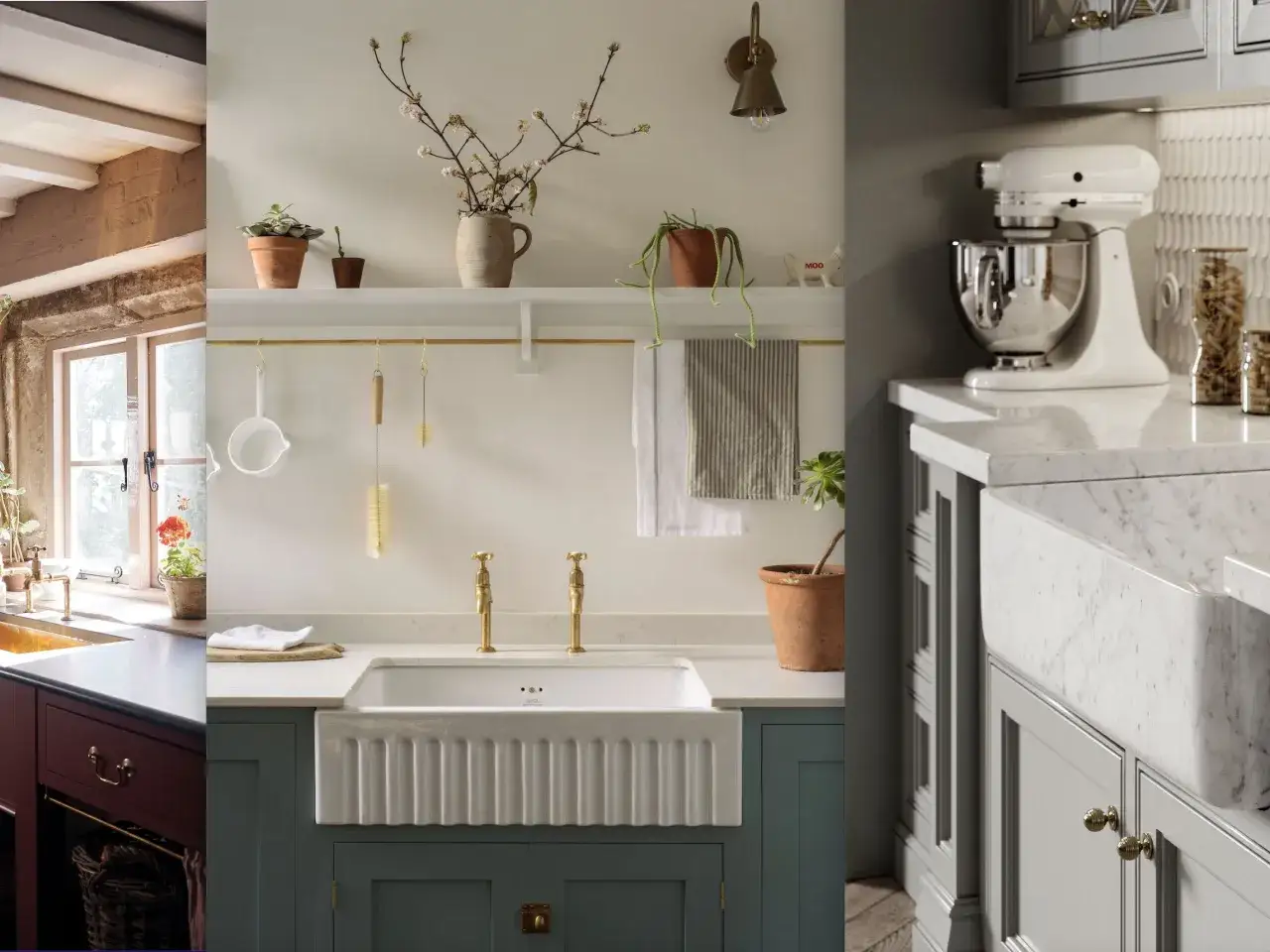 Three distinct kitchen sink styling examples: rustic stone, farmhouse chic with plants, and modern marble with a stand mixer.