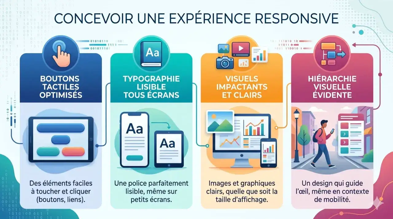 Concevoir une exp&eacute;rience responsive : boutons tactiles, typographie lisible, visuels clairs et hi&eacute;rarchie visuelle &eacute;vidente, le tout optimis&eacute; pour le mobile first.