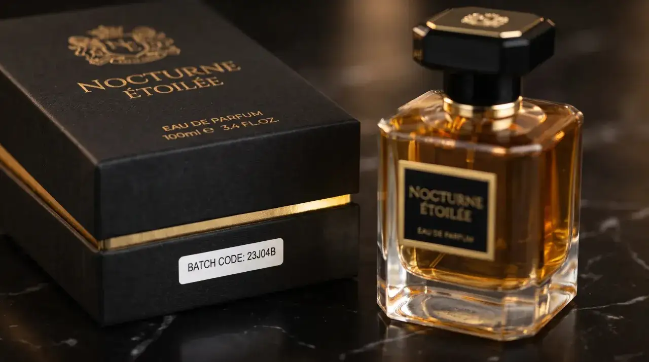Eleganckie perfumy Nocturne Étoilée i pudełko z kodem partii. Sprawdź oryginalność perfum, porównując dane z opakowania.