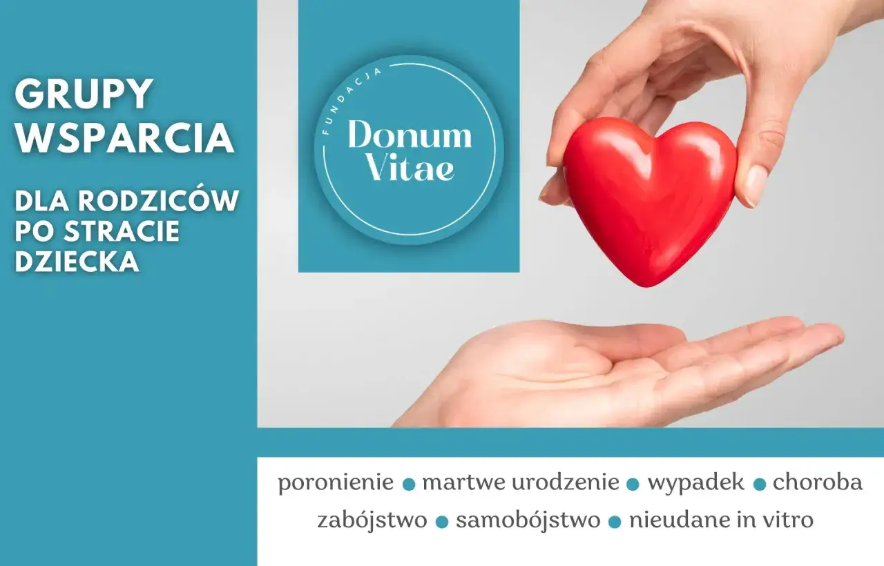 Grupa wsparcia dla rodzic&oacute;w po stracie dziecka. Dłoń podaje serce, symbolizując pomoc po śmierci dziecka.