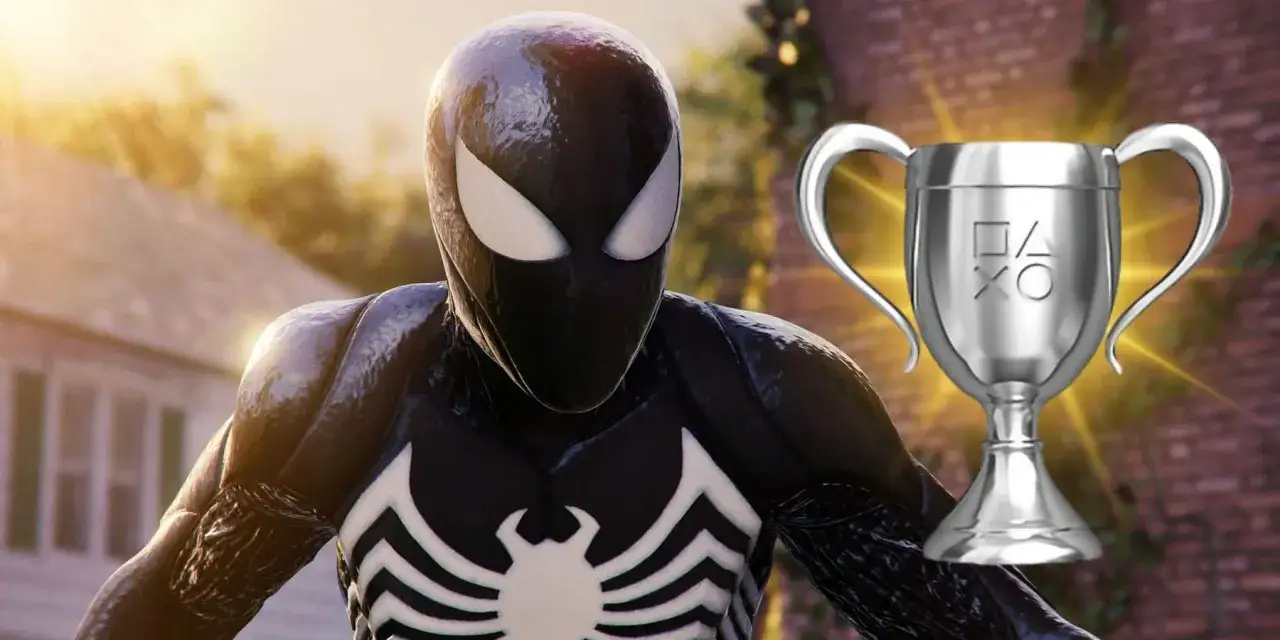 Spider-Man con traje negro, listo para conseguir trofeos ocultos.