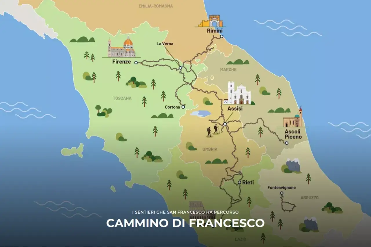 Mappa illustrata del Cammino di Francesco, con le tappe da Rimini ad Assisi, Firenze, Rieti e altre localit&agrave;.
