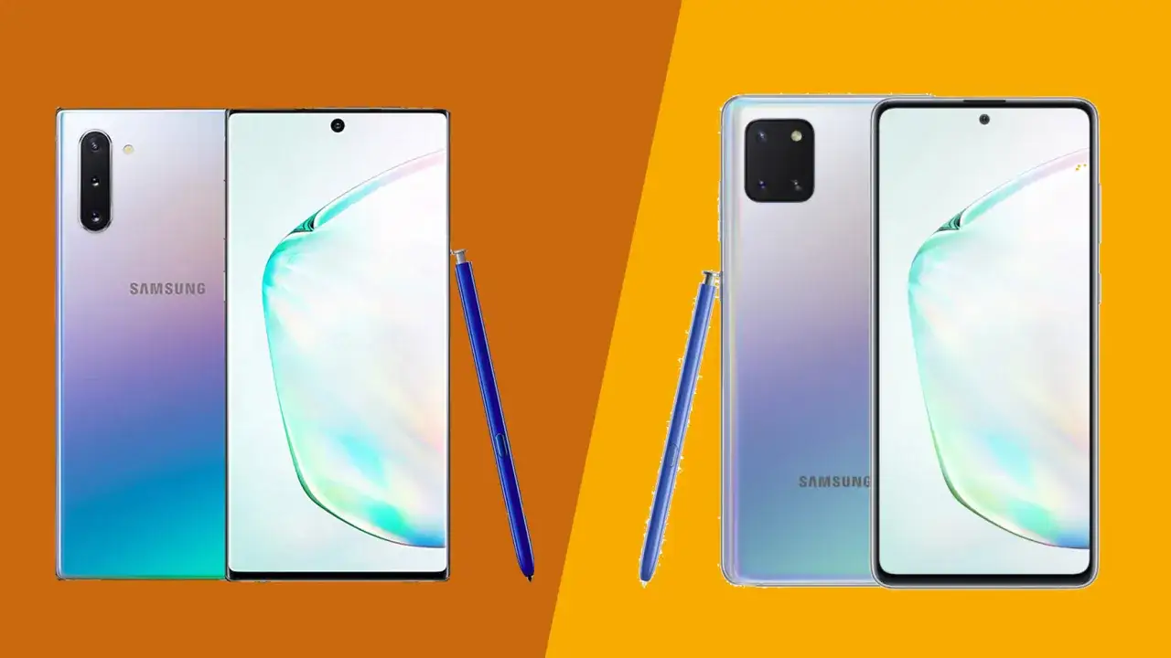 Dwa telefony Samsung Galaxy Note 10 Lite i Samsung A81 obok siebie, każdy z niebieskim rysikiem S Pen.