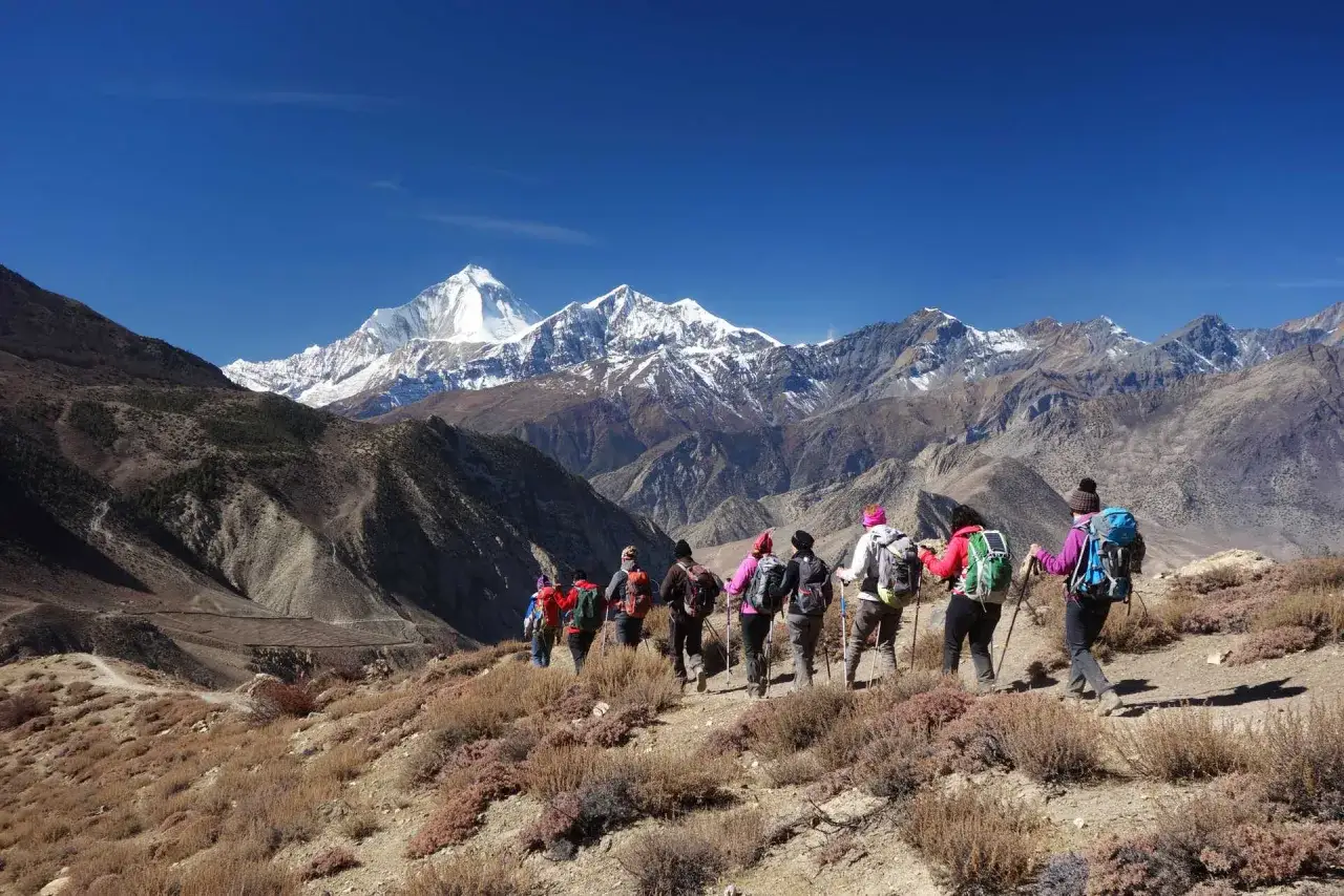 Grupp vandrare med ryggs&auml;ckar p&aring; en bergstig i Nepal, med sn&ouml;kl&auml;dda toppar i bakgrunden.