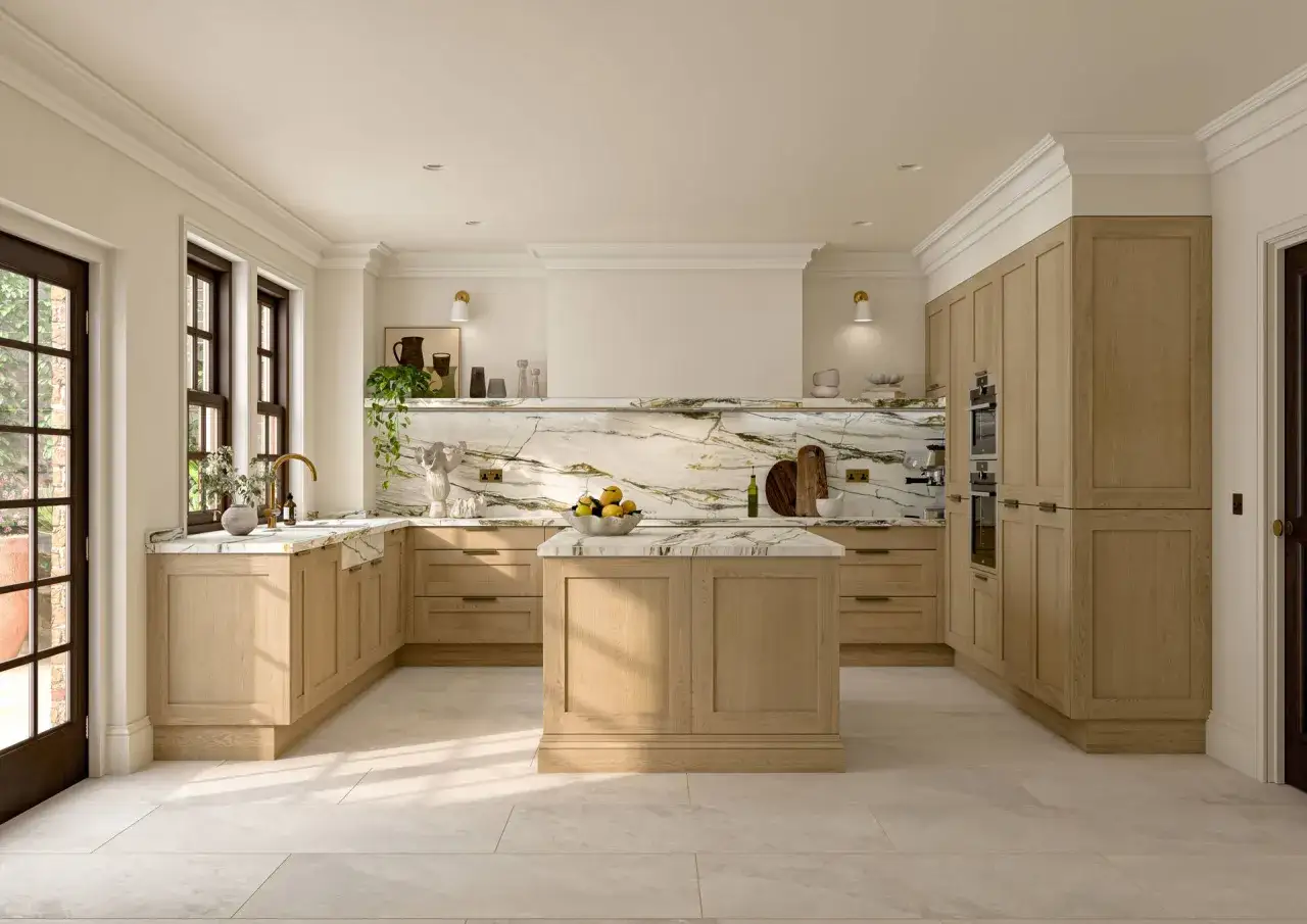A bright, airy studio mcgee kitchen with light oak cabinetry, a marble backsplash, and a central island.
