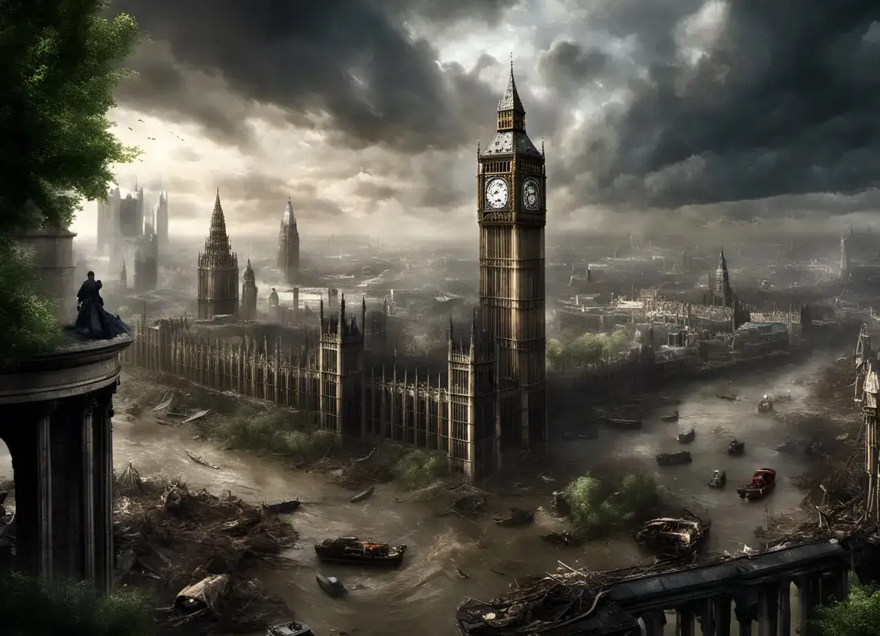 Un Londres post-apocalíptico, con el Big Ben y el Parlamento en ruinas, inundado y cubierto de escombros. Una figura solitaria observa el desolador paisaje de **Fallout London**.
