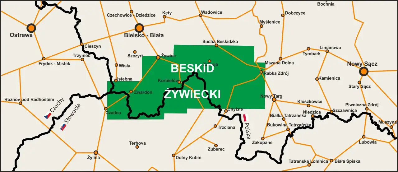 Mapa pokazuje, gdzie są Beskidy Żywieckie, między Polską a Słowacją, z zaznaczonymi miastami jak Żywiec, Bielsko-Biała i Zakopane.