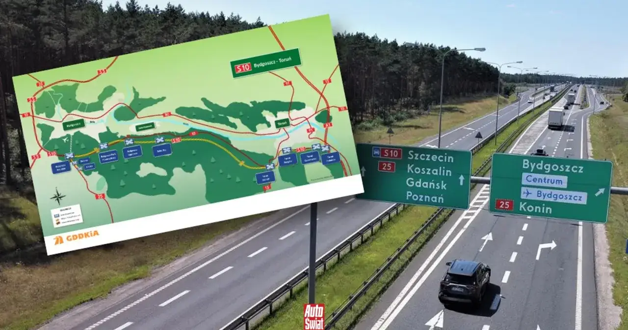 Mapa drogowa S10 pokazuje trasę Bydgoszcz-Toruń. Znaki drogowe kierują do Bydgoszczy i Konina.