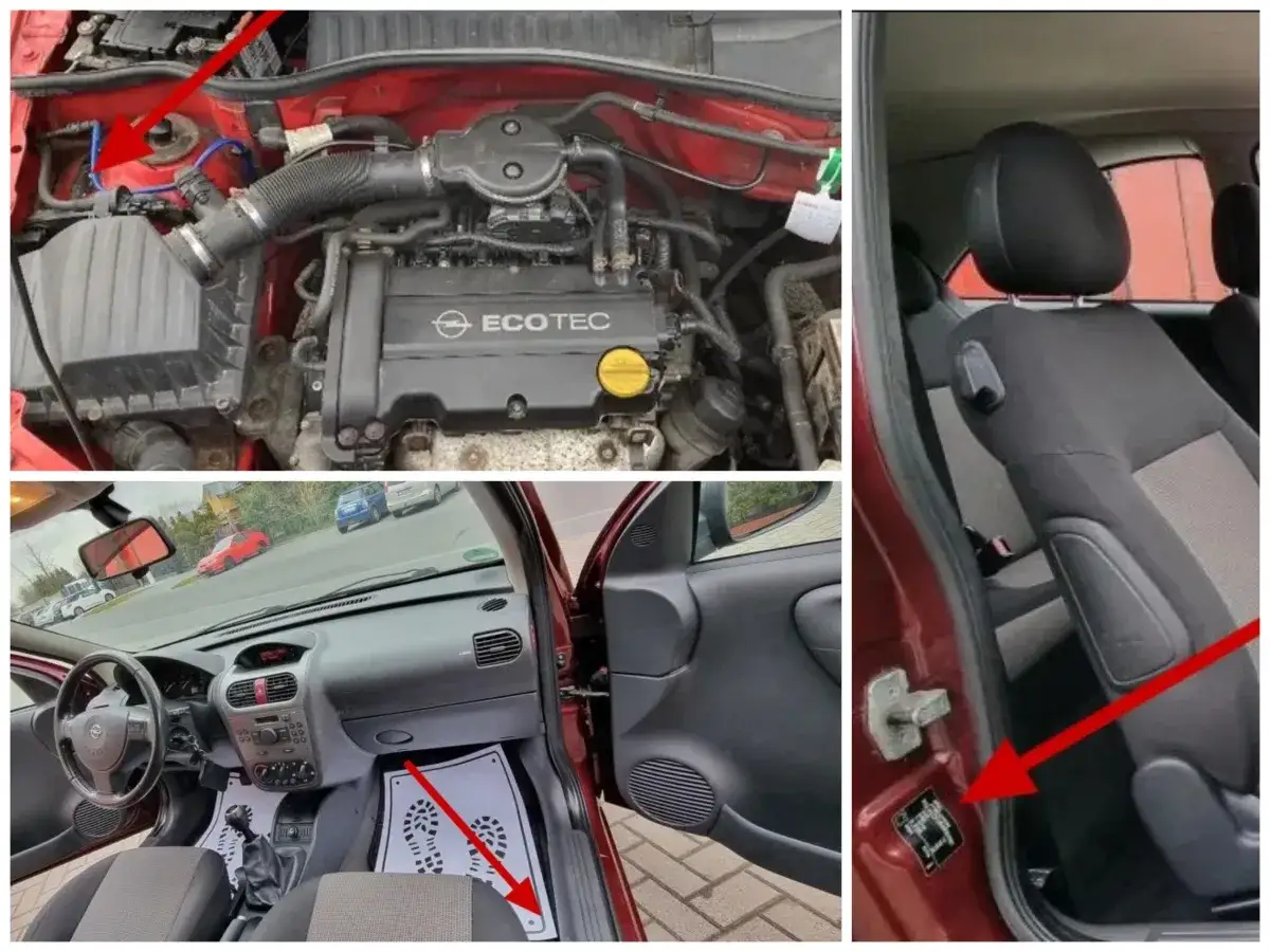 Silnik, wnętrze i drzwi Opla. Czerwone strzałki wskazują elementy związane z akcje serwisowe Opel.
