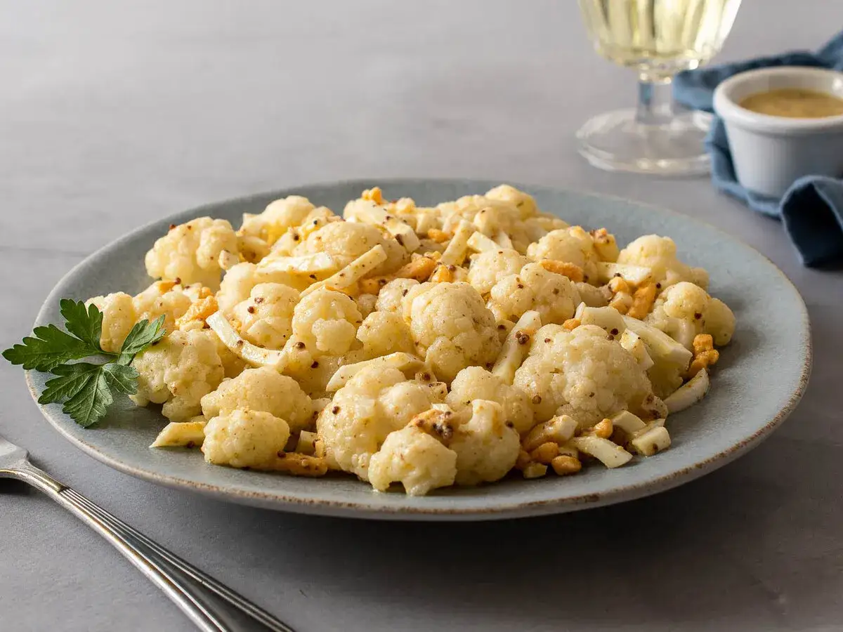 Coliflor salteada con trozos de queso y mostaza, una de las muchas coliflor recetas deliciosas.