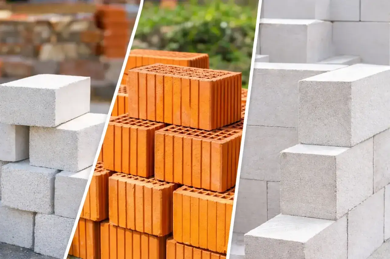 Stos białych pustaków silikatowych obok cegieł ceramicznych i bloczków betonowych.