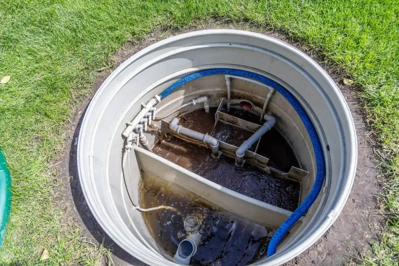 Wnętrze przydomowej oczyszczalni ścieków z widocznymi przegrodami, rurami i niebieskim wężem. Trwa opróżnianie oczyszczalni przydomowej.