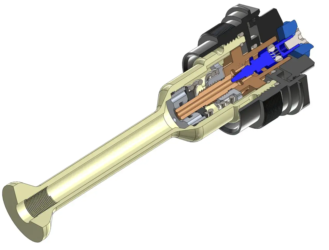 Cutaway view of a mechanical component, possibly a valve or actuator, with internal gears and blue piston. This push hc97 mechanism shows intricate engineering.
