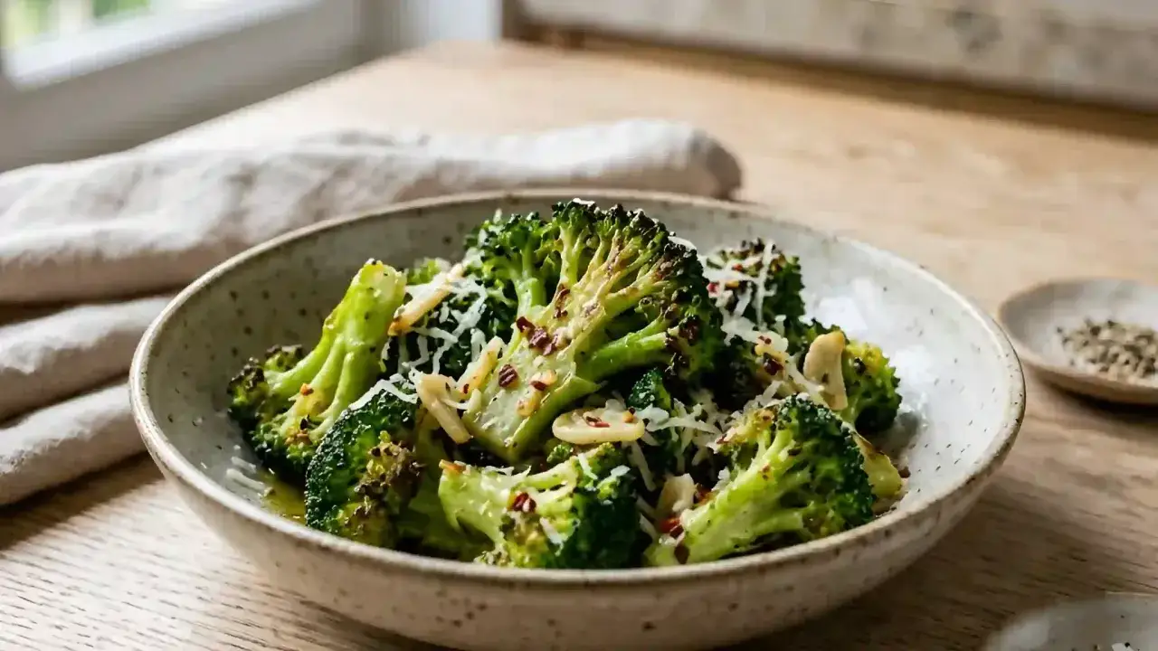 Brocolis rôtis, parsemés de parmesan et de flocons de piment rouge. Une recette simple et savoureuse pour sublimer vos brocolis.