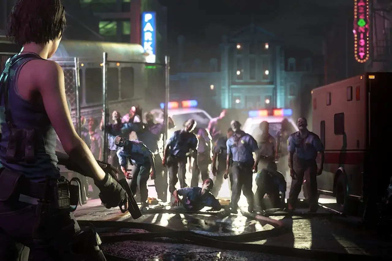 Jill Valentine walczy z hordą zombie w opuszczonym mieście. Ten obraz to fragment poradnika Resident Evil 3.