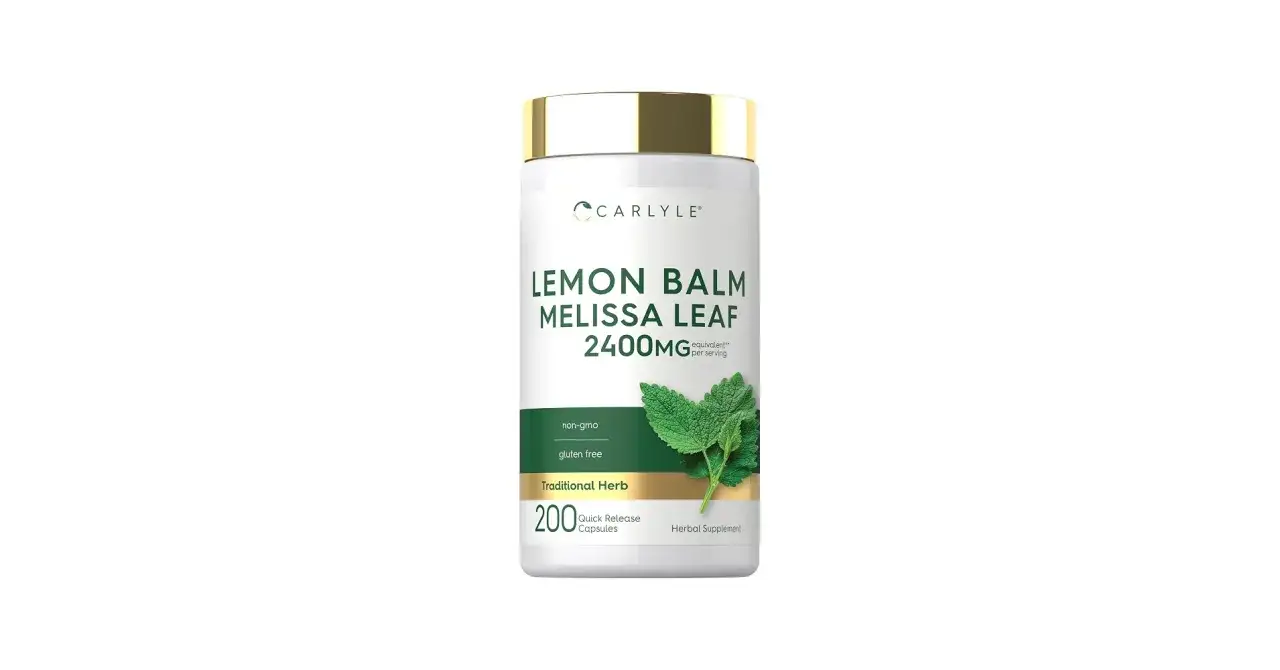 Biały słoiczek z suplementem diety Carlyle Lemon Balm Melissa Leaf 2400mg. Zawiera 200 kapsułek.