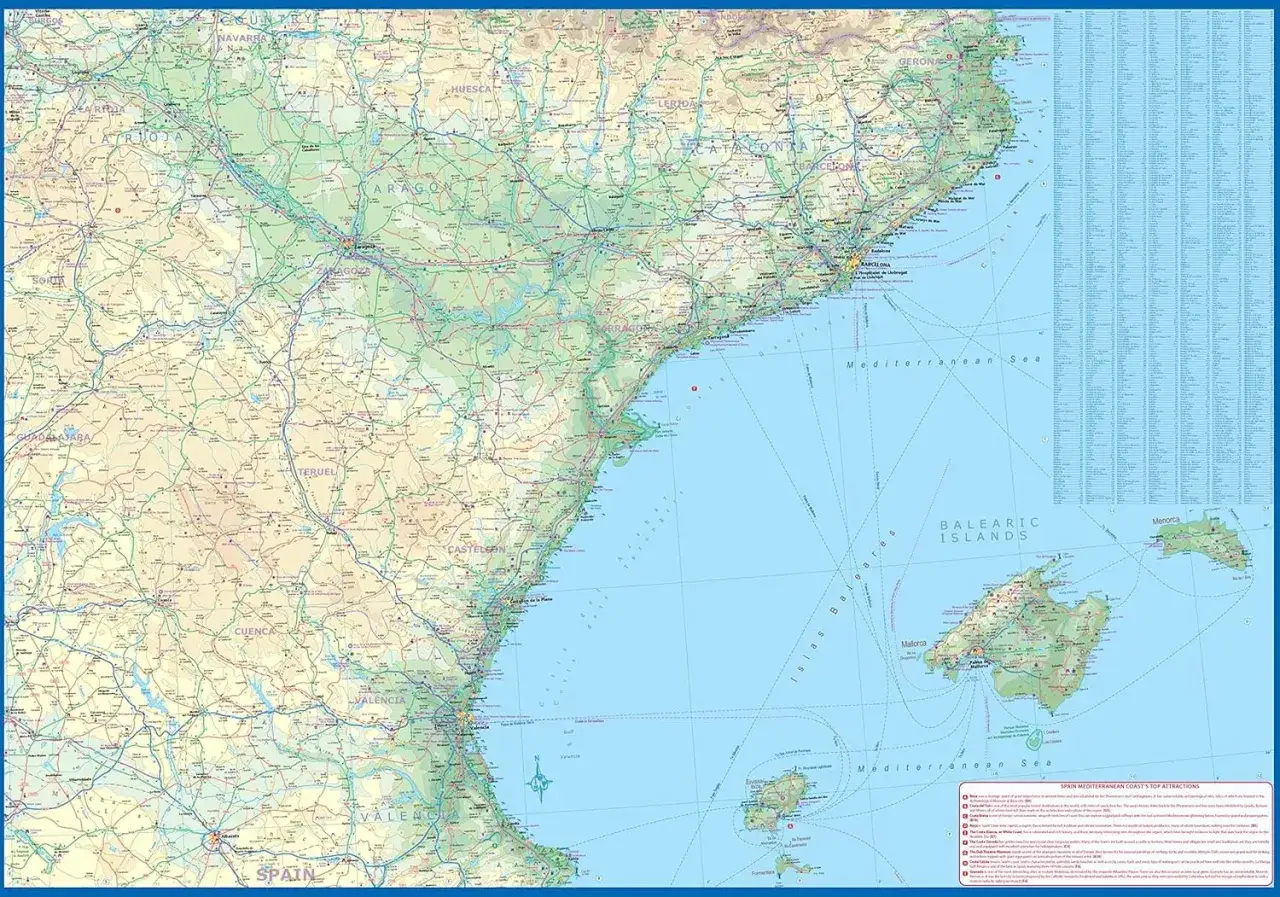 Mapa Hiszpanii z zaznaczonymi wybrzeżami Morza Śródziemnego i Oceanu Atlantyckiego