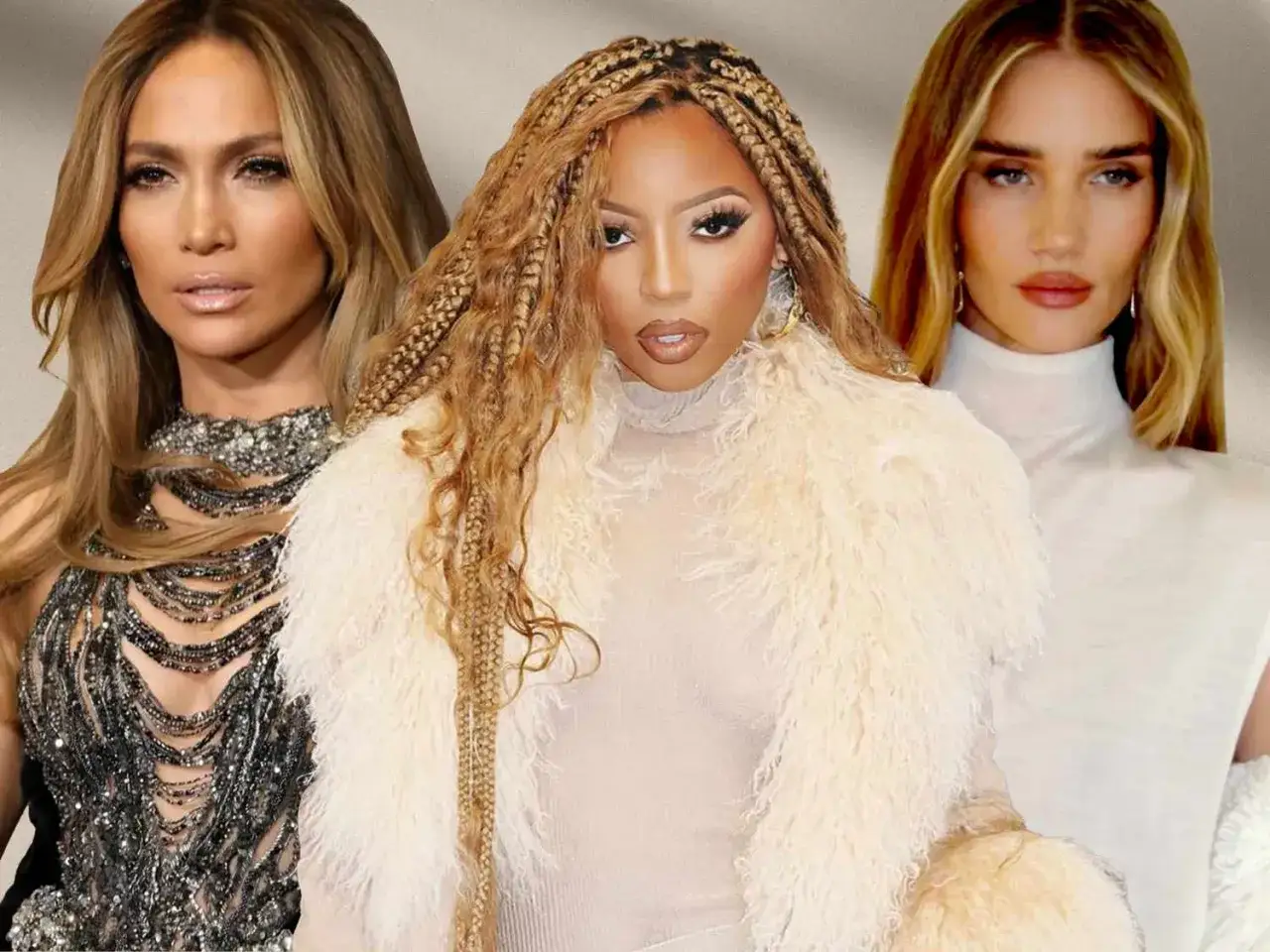 Tres mujeres con cabello rubio dorado miel. Jennifer Lopez a la izquierda, una mujer con trenzas en el centro y Rosie Huntington-Whiteley a la derecha.