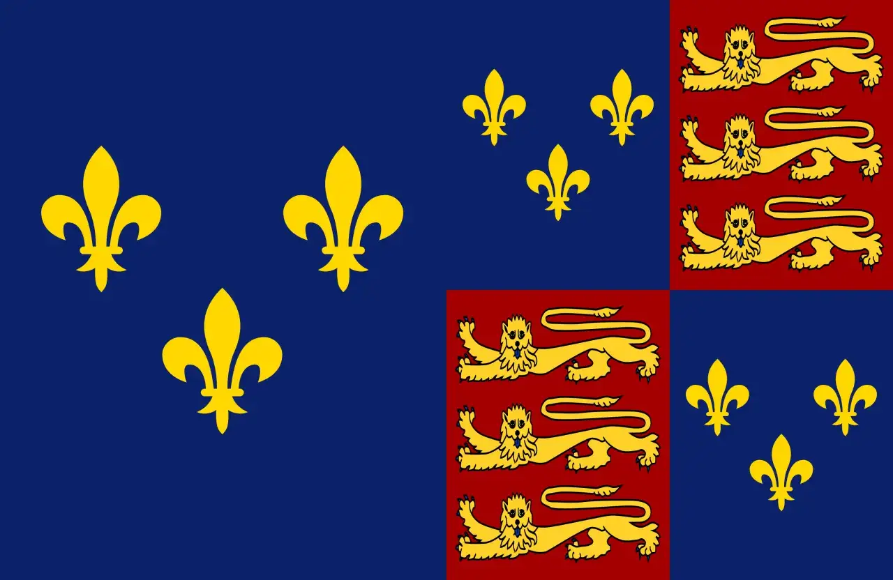 Bandera Francia monárquica con tres flores de lis doradas sobre fondo azul y tres leones dorados sobre fondo rojo.