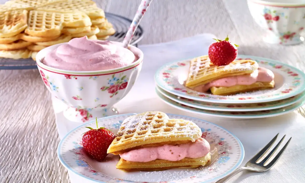 Herzförmige Waffeln mit Erdbeer-Sahne-Füllung und frischen Erdbeeren, bestäubt mit Puderzucker. Ein süßer Genuss!
