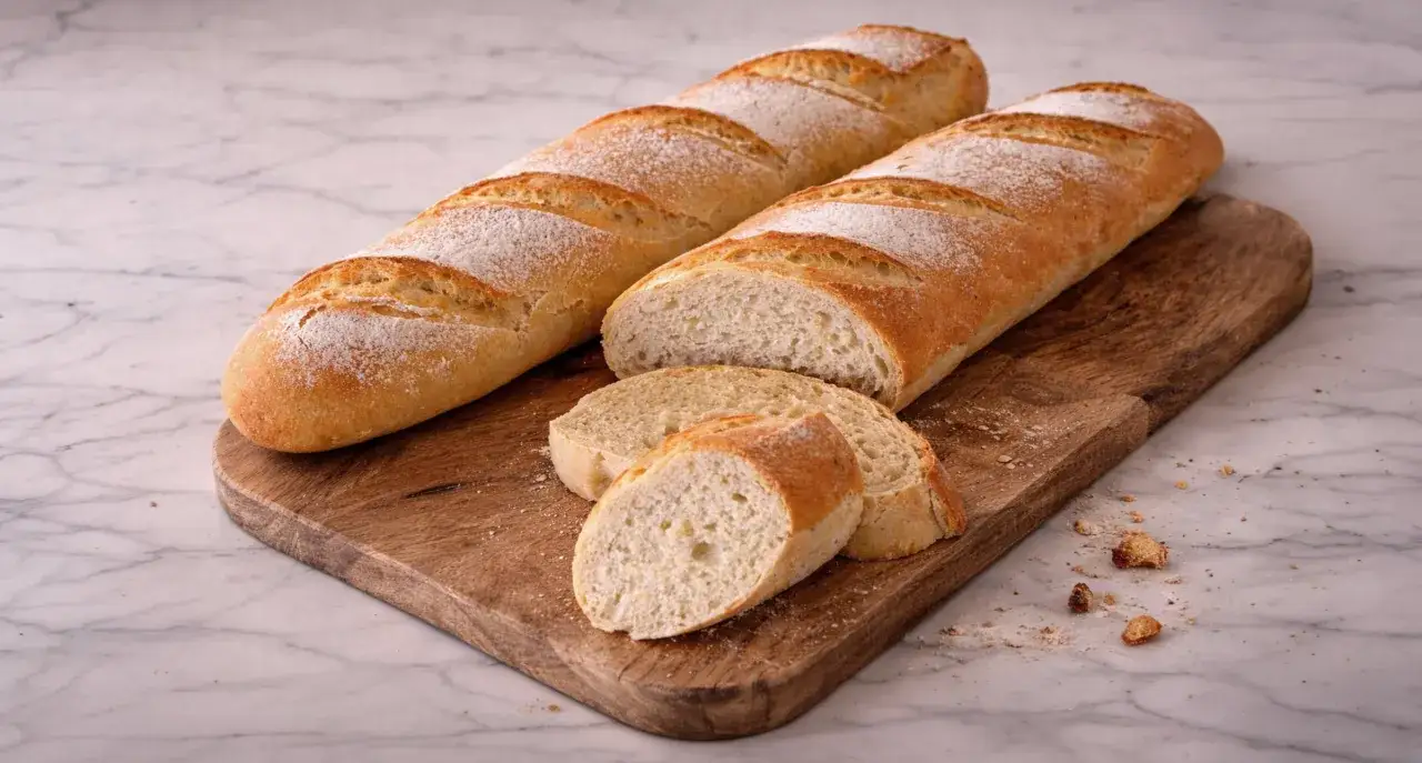 Deux baguettes dor&eacute;es, l'une coup&eacute;e en tranches, sur une planche en bois. Parfait pour une recette baguette croustillante et a&eacute;r&eacute;e.
