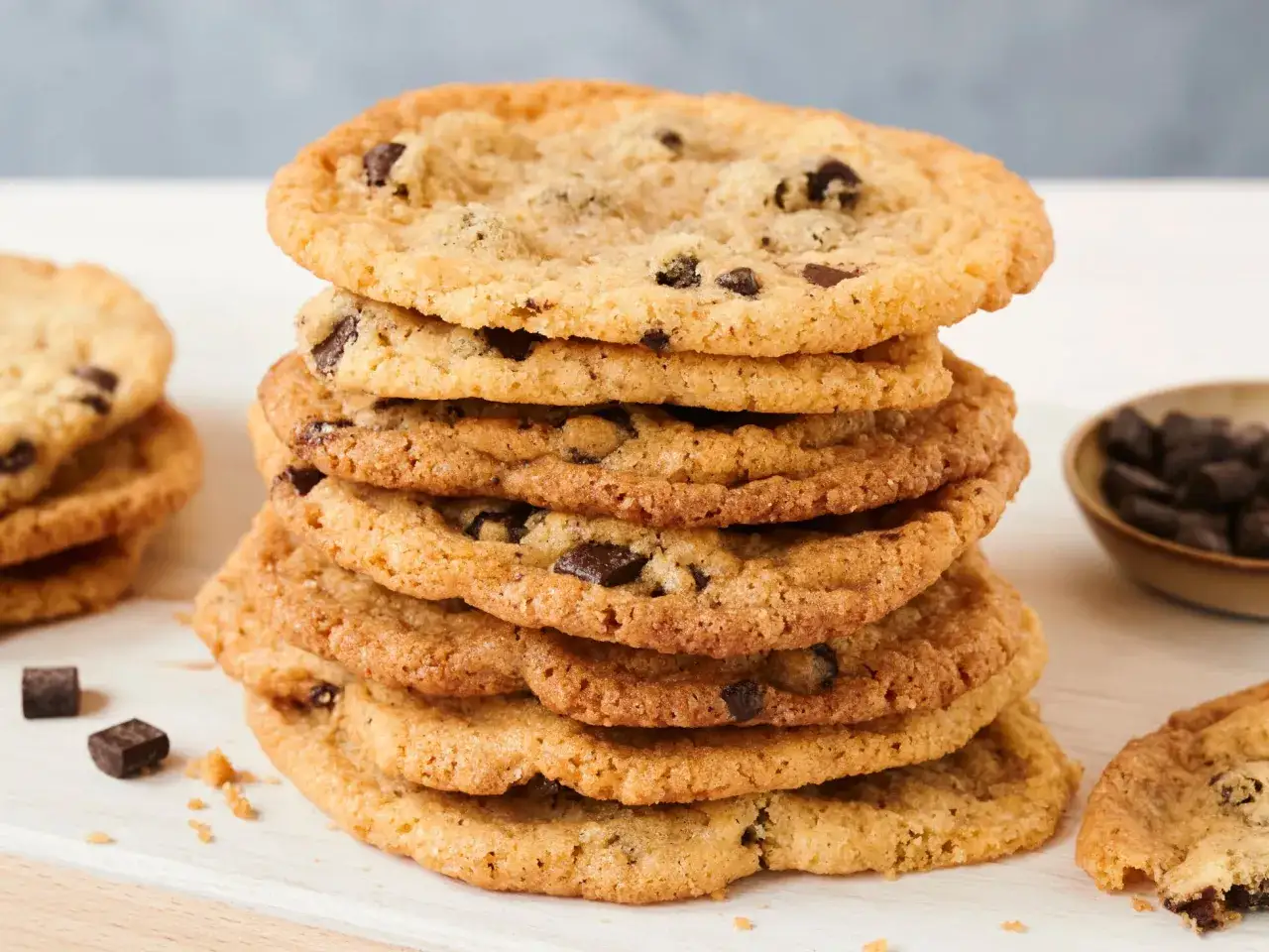 Ein Stapel saftiger american cookies mit Schokoladenst&uuml;ckchen.