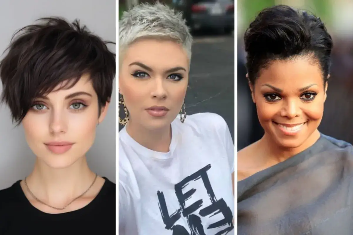 Trois femmes arborent une coupe courte audacieuse : une brune asymétrique, une blonde platine texturée et une brune élégante.